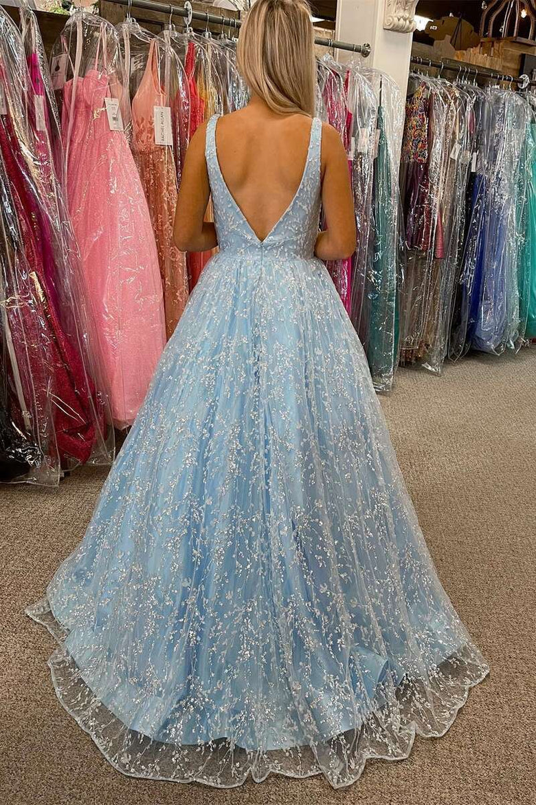 Vestido de fiesta de tul sin mangas, largo hasta el suelo, corte A, princesa, encaje, escote en V, espalda descubierta